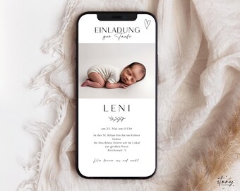 digitale Taufeinladung Junge Mädchen minimalistisch mit Foto personalisierbar, neutrale Einladung Taufe Herz Motiv, Canva Vorlage Handy 470
