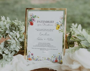 Personligt blomtema gudförälderbrev, gudmors dopintyg, gudfars dopintyg, utskrivbar mall, doppresentaffisch 417