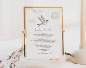 May include: A white card with a gold frame and a watercolor illustration of a dove flying against a cloudy sky. The card has a handwritten message that reads "Liebe Emilia" and a poem in German.