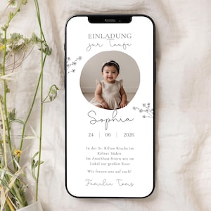 moderne Foto Taufeinladung Blumen personalisierbar | neutral minimalistische Einladungskarte Taufe Vorlage Natur Design Blumen 444