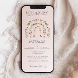 digitale Einladungskarte Taufe mit Regenbogen Blumen, Whatsapp Einladung Taufe Mädchen, Vorlage personalisierbar, moderne Taufeinladung 417