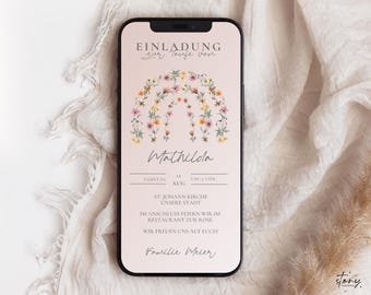 digitale Einladungskarte Taufe mit Regenbogen Blumen, Whatsapp Einladung Taufe Mädchen, Vorlage personalisierbar, moderne Taufeinladung 417