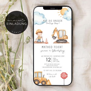 digitale Bagger Einladung Kindergeburtstag Baustelle Mottoparty | Bagger Kindereinladung eCard, personalisierbare Canva Vorlage 334