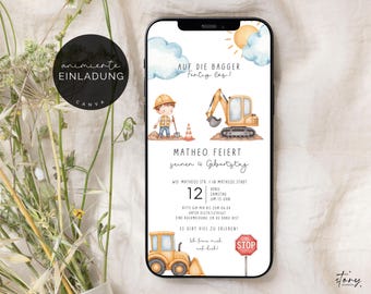 digitale Bagger Einladung Kindergeburtstag Baustelle Mottoparty | Bagger Kindereinladung eCard, personalisierbare Canva Vorlage 334