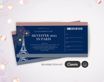 digitale Reisegutschein Vorlage Paris Silvester Party 2023 | Freundin Überraschungsgeschenk personalisierbar zum ausdrucken 1017