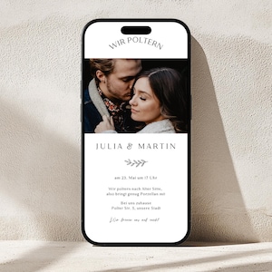 minimalistische Foto Einladung Polterabend personalisiert, elegante Polterabend online Einladung Whatsapp eCard Vorlage Poltern 111