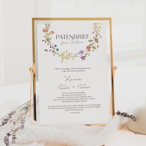 Lettera di sponsorizzazione personalizzata con ghirlanda floreale | Modello di lettera di battesimo per madrina stampabile personalizzabile | Regalo padrino padrino lettera 407