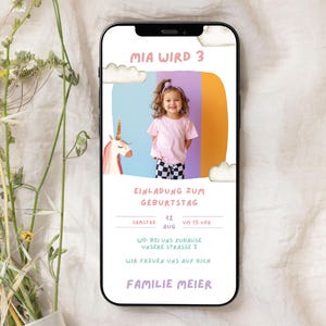 digitale Einladung Einhorn Geburtstag Mädchen mit Foto, personalisierte online Einladungskarte Mädchen Geburtstagsparty, Canva Vorlage 303