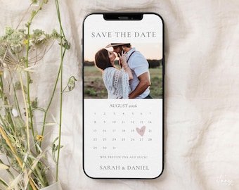 animierte Save the Date Einladungskarte Kalender Design, Save the Date Hochzeit Einladung mit Foto personalisiert, Canva Vorlage 110
