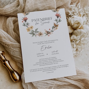 Cartaz de carta de padrinho personalizável, carta de batismo, coroa de flores silvestres, modelo de pôster para impressão de presente de batismo de madrinha, carta de padrinhos de padrinhos 410