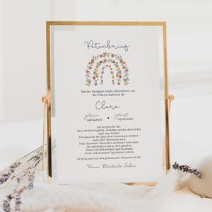 Baptism certificate personalized with rainbow of flowers, godchild poster godparent letter baptism gift godchild, template baptism certificate girl 421