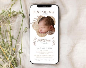 Baptism invitation with photo | Baptism invitation in natural color with wreath | Send invitation via WhatsApp | Customizable template 404