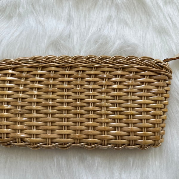Vintage Coated Natural Color Wicker Clutch Bag with Zip Top - Made in Hong Kong - Unique Yet Classic Chic for Spring and Summer