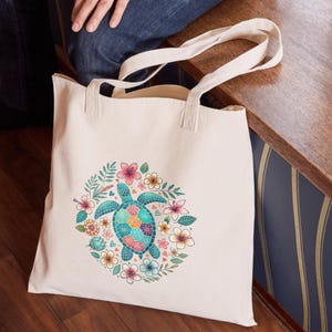 Sea Turtle Floral Tote Bag – Eco-Friendly Canvas Bag – Reusable 15x15 Cotton Tote with Colorful Beach Turtle Design – Gift for Nature Lover