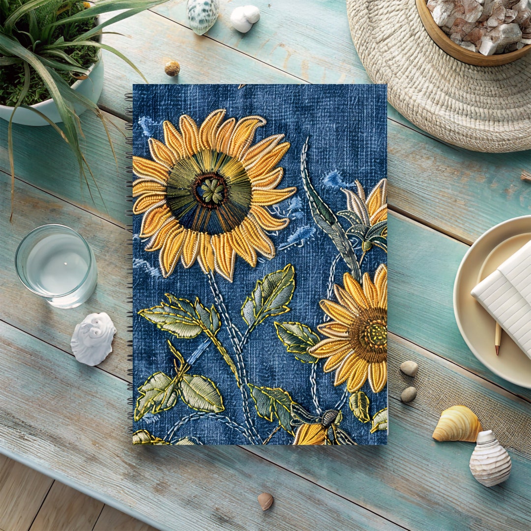 Sunflower Spiral Notebook With Denim-style Cover, Lined Journal, 150 ...