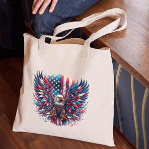 Patriotic Eagle Tote Bag – Red White Blue Wings & Flag – 15x15 Cotton Bag – Reusable 4th of July Tote – USA Pride Gift – Bald Eagle Design