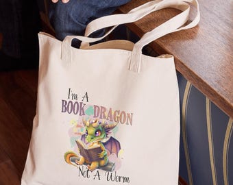 Sac fourre-tout Book Dragon : sac de bibliothèque réutilisable amusant