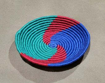 Coiled Wrapped Rope Bowl // 5.75" // Cotton // Blue, Red & Green