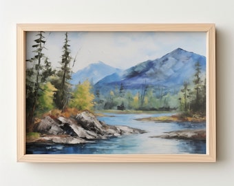 Arte de la pared, escena de montaña, río, bosque de pinos, acuarela, escena al aire libre, arte de la naturaleza, terreno rocoso