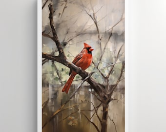 Arte de la pared, impresión cardenal, observación de aves, pintura al óleo, pájaro en un árbol, arte del patio trasero, cardenal