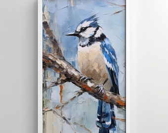 Arte de la pared, impresión Bluejay, observación de aves, pintura al óleo, pájaro en un árbol, arte del patio trasero