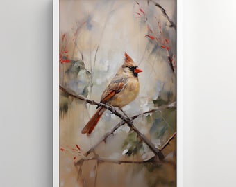 Arte de la pared, impresión cardenal, observación de aves, pintura al óleo, pájaro en un árbol, arte del patio trasero, cardenal femenino