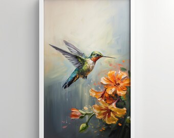 Arte De Pared, Colibrí, Observación De Aves, Pintura Al Óleo, Pájaro En Un Árbol, Arte Del Patio Trasero, Sicomoro, Madreselva, Sorbos De Néctar