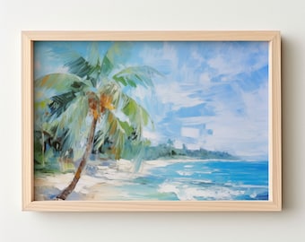 Arte de pared, impresión de palmeras, paisaje de playa, pintura al óleo, decoración de pared del océano, arte tropical, decoración de casa de playa