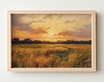 Arte De Pared, Cielo Soleado, Campo De Trigo, Dorado, Grandes Llanuras, Pintura Al Óleo, Pinceladas, Arte De La Naturaleza, Puesta De Sol