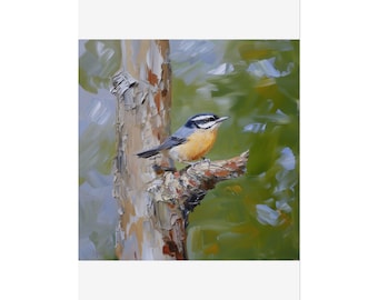 Trepador pechirrojo, arte de aves, impresión de naturaleza, arte mural de vida silvestre, pintura al óleo, aves de jardín