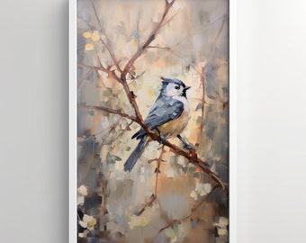 Arte de pared, impresión de carbonero, observación de aves, pintura al óleo, pájaro en un árbol, arte del patio trasero, carbonero copetudo, pájaro descarado