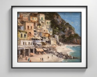 Pasitano, Arte De Pared, Costa Italiana, Acantilados De Playa, Pintura Al Óleo, Decoración Costera, Casa De Playa, Verano