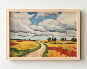 Arte De Pared, Prairie Road, Campo, Nubes, Campos De Trigo, Pintura Al Óleo, Arte Del Medio Oeste, Grandes Llanuras