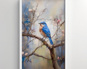 Arte de la pared, pájaro azul oriental, observación de aves, pintura al óleo, pájaro en un árbol, arte del patio trasero, impresión de pájaro azul, pájaro descarado