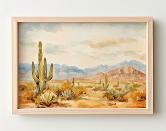 Arte de la pared, escena de montaña, desierto, cactus, Arizona, acuarela, escena al aire libre, arte de la naturaleza, terreno rocoso