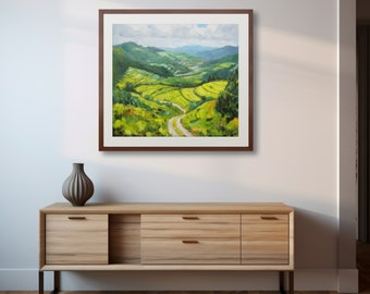 Wall Art, Lush Green Valley, Windy Road, Countryside, Oil Painting, Summer, Mountain View, Hilly Road