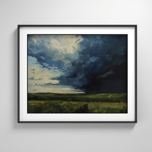 May include: A painting of a stormy sky over a green field. The sky is a mix of dark blue, gray, and white clouds. The field is a bright green.