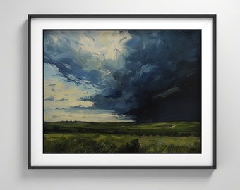 Arte de pared, Horizonte oscuro, Cielos oscuros, Nubes de tormenta, Trueno, Tormenta que se avecina, Pintura al óleo, Arte del Medio Oeste, Grandes Llanuras