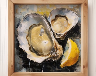 Ostras y limón, Mariscos, Arte de pared, Arte culinario, Pintura al óleo, Decoración costera, Casa de playa, Verano