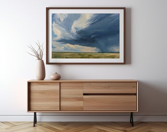 Arte de la pared, cielo tormentoso, campo, nubes, tormenta, tormenta que se avecina, pintura al óleo, arte del medio oeste, grandes llanuras