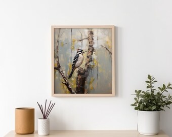 Wall Art, Downy Woodpecker, Birding, Oil Painting, Bird In A Tree, Back Yard Art, Sycamore, Honeysuckle, Bug Nibbles