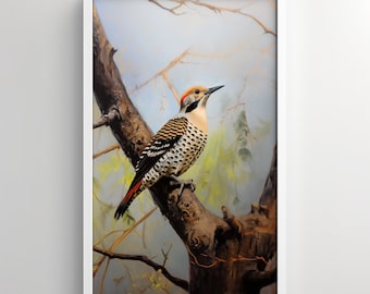 Arte De La Pared, Parpadeo Del Norte, Observación De Aves, Pintura Al Óleo, Pájaro En Un Árbol, Arte Del Patio Trasero, Pájaro Carpintero