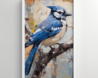 Arte de la pared, impresión Bluejay, observación de aves, pintura al óleo, pájaro en un árbol, arte del patio trasero, pájaro azul