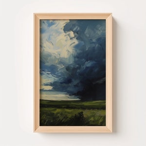 Peut inclure: Une peinture encadrée d'un paysage avec un ciel orageux dramatique. Le ciel est un mélange de bleu foncé et de gris avec des nuages blancs. Le sol est un champ vert.