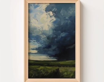 Arte mural, horizonte oscuro, cielo oscuro, nubes de tormenta, tormenta en ciernes, pintura al óleo, arte del medio oeste, grandes llanuras, vertical