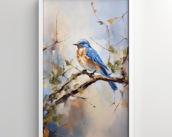Arte de pared, impresión de pájaro azul, observación de aves, pintura al óleo, pájaro en un árbol, arte del patio trasero, pájaro azul oriental