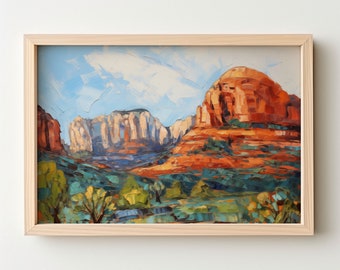 Arte De La Pared, Rocas Rojas Pintadas, Arte De Sedona, Dorado, Montañas, Pintura Al Óleo, Pinceladas, Arte De La Naturaleza, Puesta De Sol