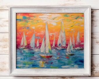 Vibrante Escena Marina, Arte De Pared, Veleros Coloridos, Puesta De Sol En El Agua, Pintura Al Óleo, Decoración Costera, Casa De Playa, Verano, Navegación