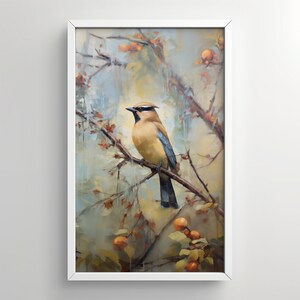 Wall Art, Cedar Waxwing, Birding, Oil Painting, Bird In A Tree, Back Yard Art, Berry Snack