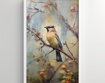 Arte De Pared, Alas De Cera De Cedro, Observación De Aves, Pintura Al Óleo, Pájaro En Un Árbol, Arte Del Patio Trasero, Merienda De Bayas